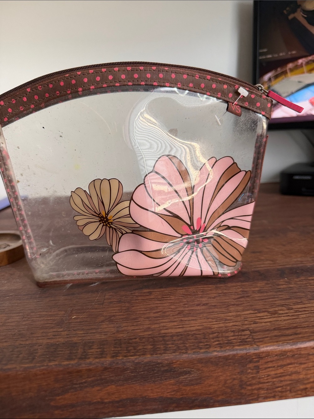 Victoria's Secret Clear Floral Makeup Pouch in Pink and Brown